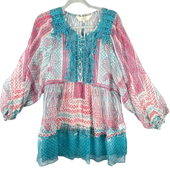 Ritu Kumar Multicolor Boho Blouse Sheer Flowy Long Sleeves NWT Sz 2 Festival - Picture 2 of 11